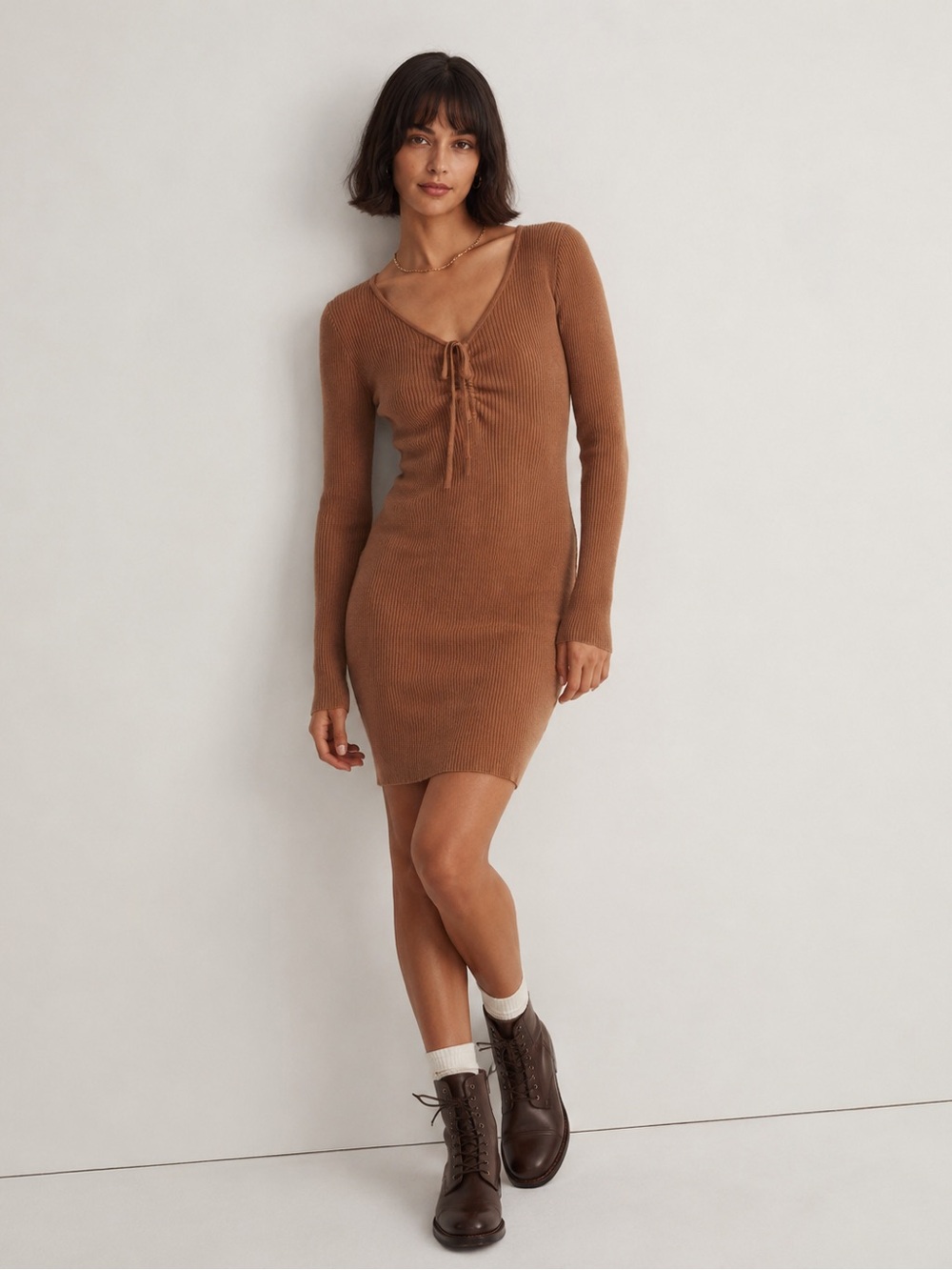 Madewell $128 Tie-Front Ruched Bodycon Mini Ribbed Sweater Dress Tan Small EUC